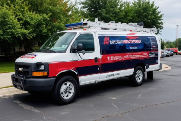 Emergency HVAC service van during snowstorm at night
