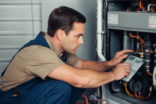 Professional furnace repair technician working on heating system