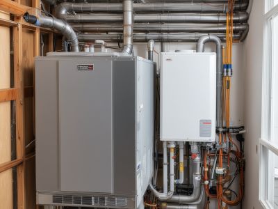 New high-efficiency furnace installation in home basement