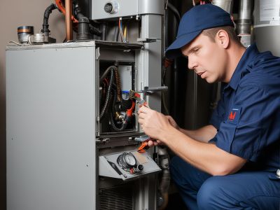 HVAC technician repairing gas furnace with tools