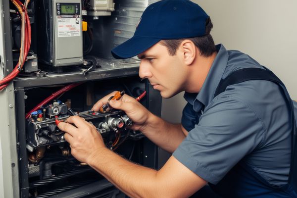 HVAC technician cleaning furnace components with specialized tools